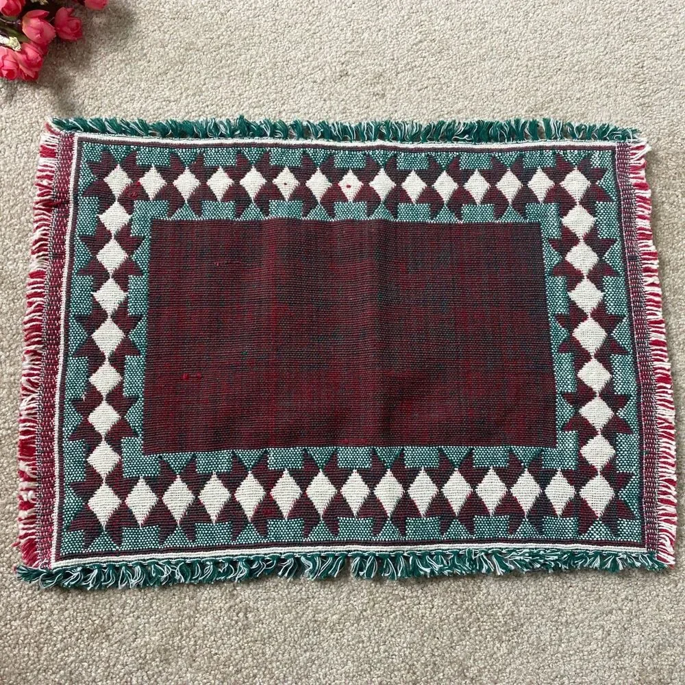 6‎ VTG Woven Decorative Placemats Red Green Geometric Fringe Boho Retro Rustic